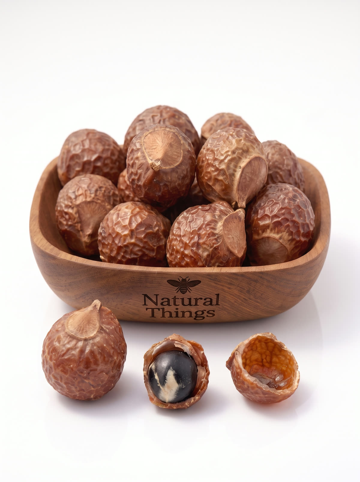 Deshelled soap nuts in a Natural Things wooden bowl