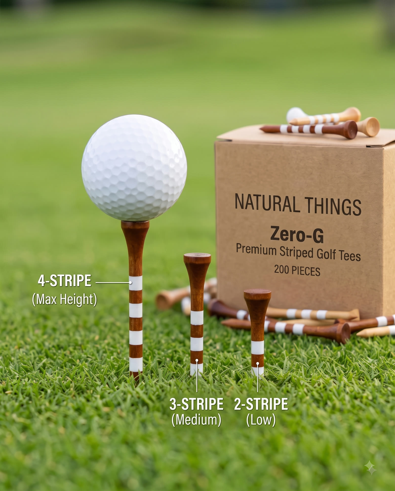 Natural Things Zero-G striped golf tees on grass beside their branded box