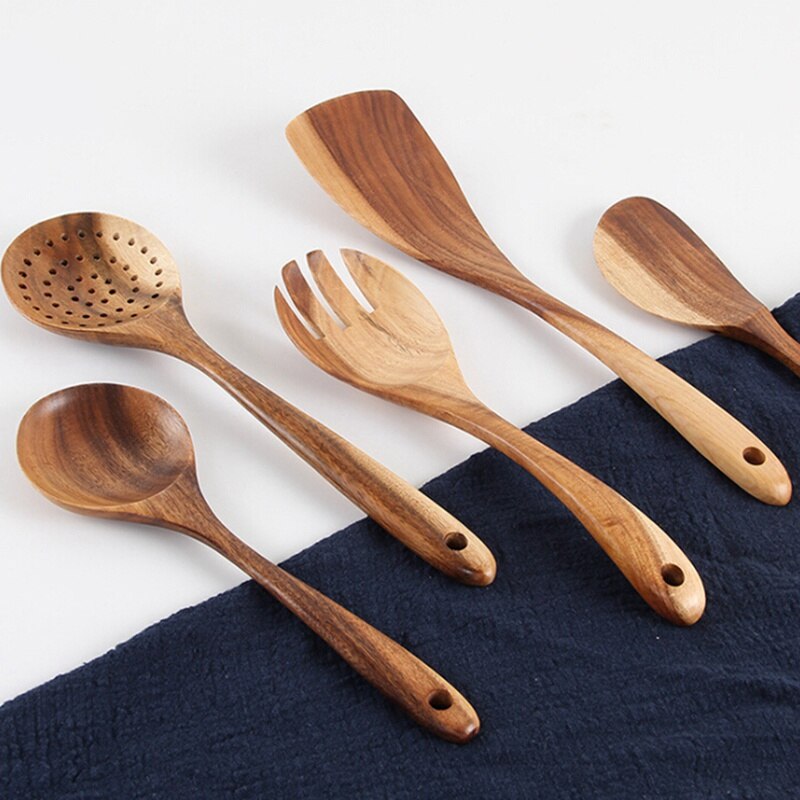 Wooden Cooking Utensils for Kitchen Tool Organic Wooden Spoons For Cooking Tools for Nonstick Cookware Natural Teak Wood 2