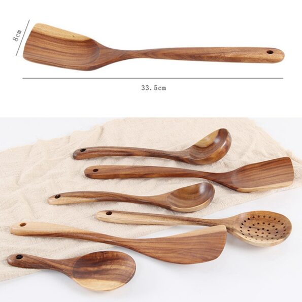 Wooden Cooking Utensils for Kitchen Tool Organic Wooden Spoons For Cooking Tools for Nonstick Cookware Natural Teak Wood 6