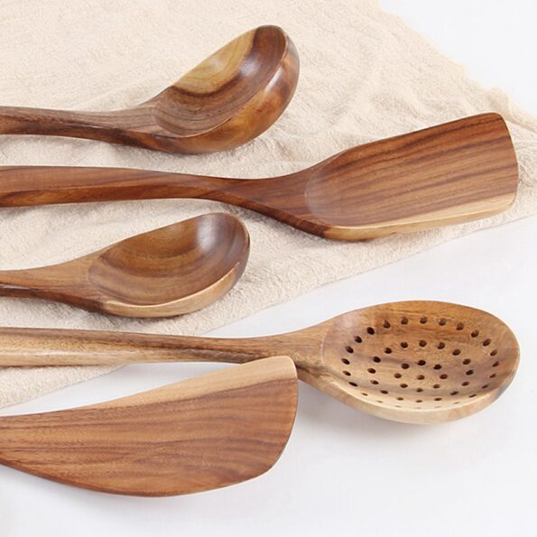 Wooden Cooking Utensils for Kitchen Tool Organic Wooden Spoons For Cooking Tools for Nonstick Cookware Natural Teak Wood 5