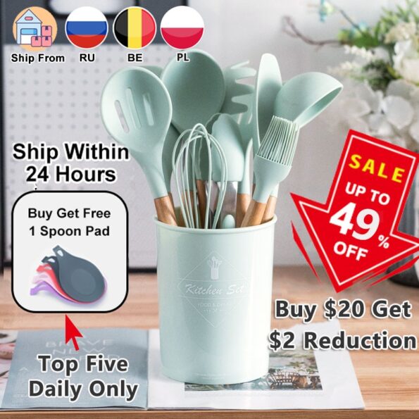 Silicone Cooking Utensils Set Non-Stick Spatula Shovel Wooden Handle Cooking Tools Set With Storage Box Kitchen Tool Accessories 1