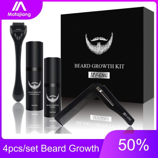 4 Pcs/set Barbe Beard Growth Kit Hair Growth Enhancer Set Essentital Oil Facial Beard Care Brush Set Product Best Gift for Men 1