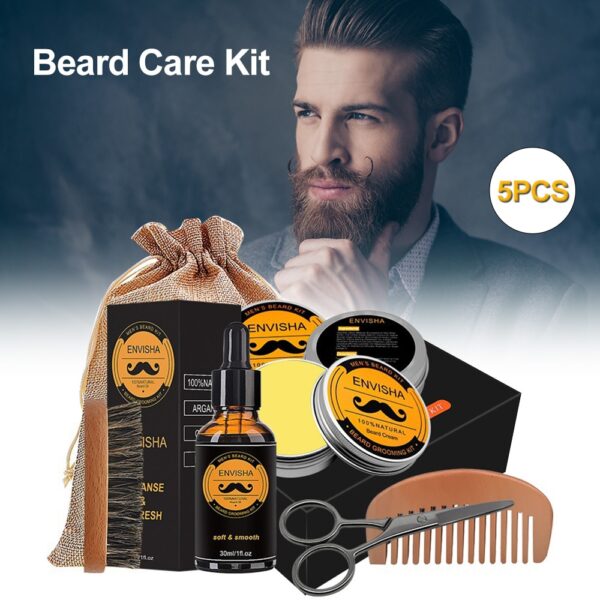 New 5pcs/set Men Beard Kit Grooming Beard Set Barba Beard Oil Moisturizing Wax Blam Comb Essence Styling Hair Men Beard Kit Set 1