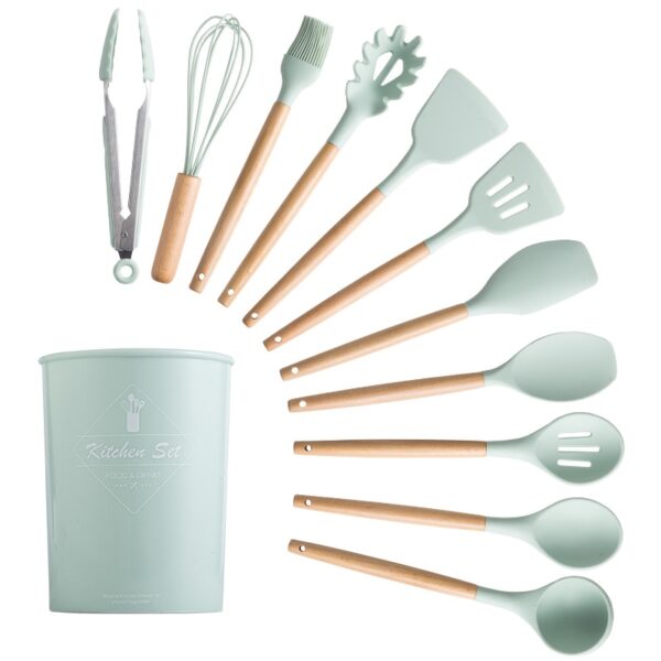 Silicone Cooking Utensils Set Non-Stick Spatula Shovel Wooden Handle Cooking Tools Set With Storage Box Kitchen Tool Accessories 6