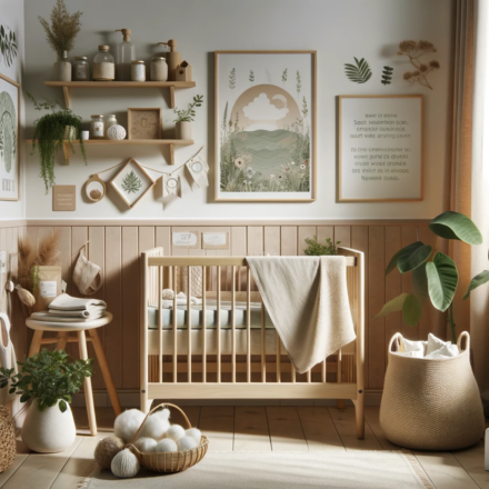 A serene and calming nursery room, with a focus on eco-friendly and sustainable elements